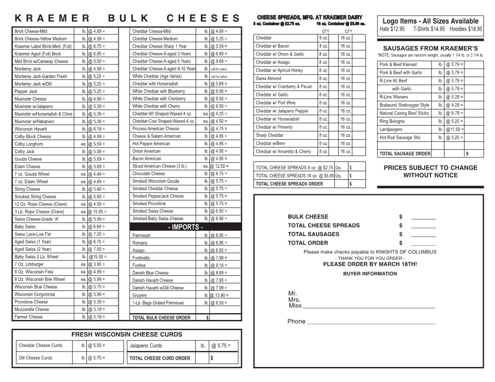 Page 1 BULK CHEESE $ ___TOTAL CHEESE SPREADS