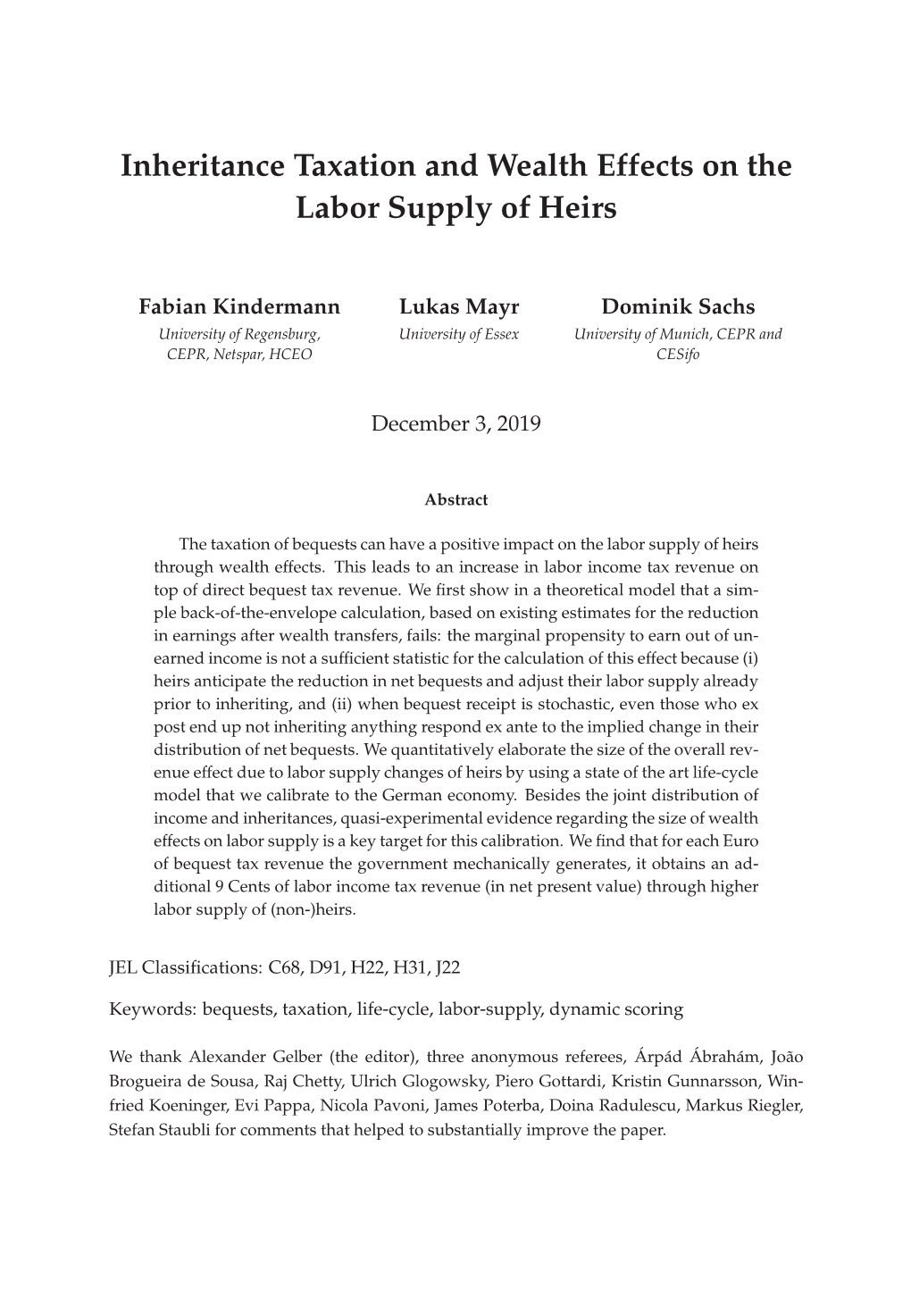 Inheritance Taxation and Wealth Effects on the Labor Supply of Heirs