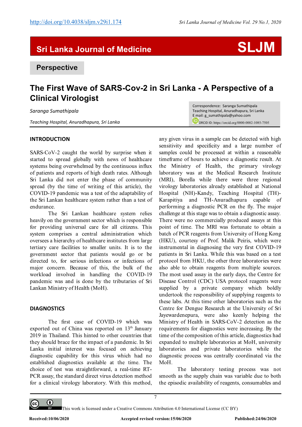 Sri Lanka Journal of Medicine the First Wave of SARS-Cov-2 in Sri