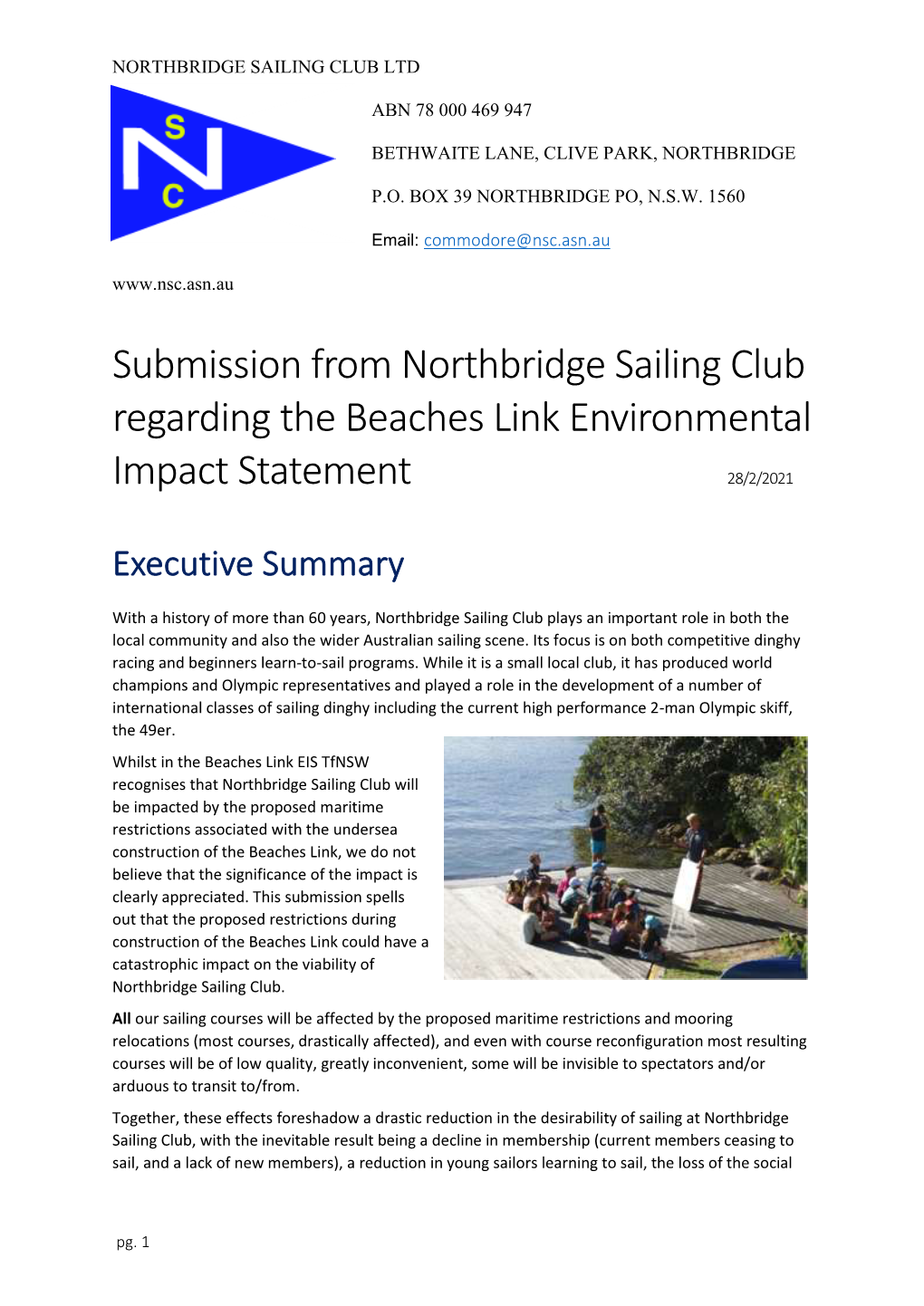Submission from Northbridge Sailing Club Regarding the Beaches Link Environmental