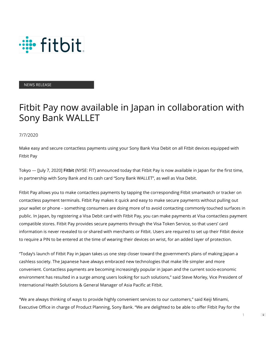 Fitbit Pay Now Available in Japan in Collaboration with Sony Bank WALLET