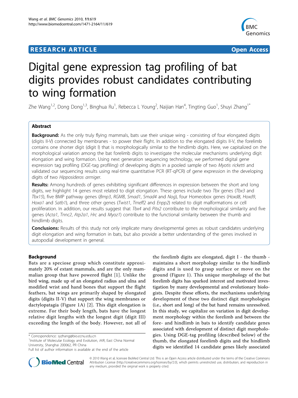 Digital Gene Expression Tag Profiling of Bat Digits Provides Robust Candidates Contributing to Wing Formation