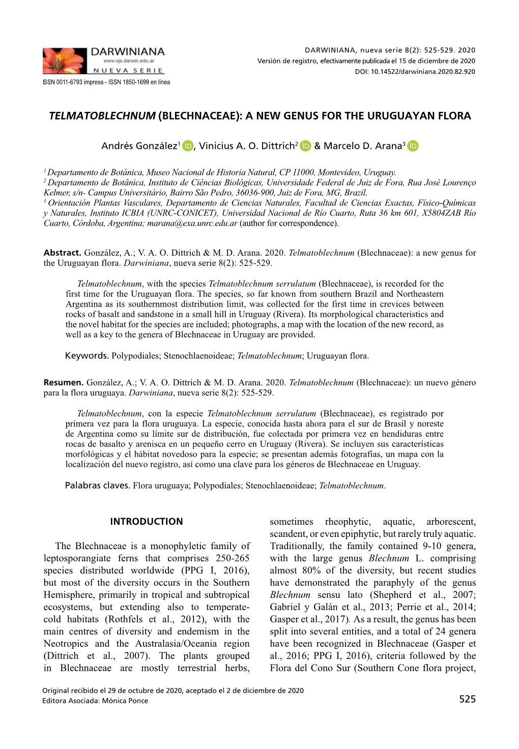 Telmatoblechnum (Blechnaceae): a New Genus for the Uruguayan Flora