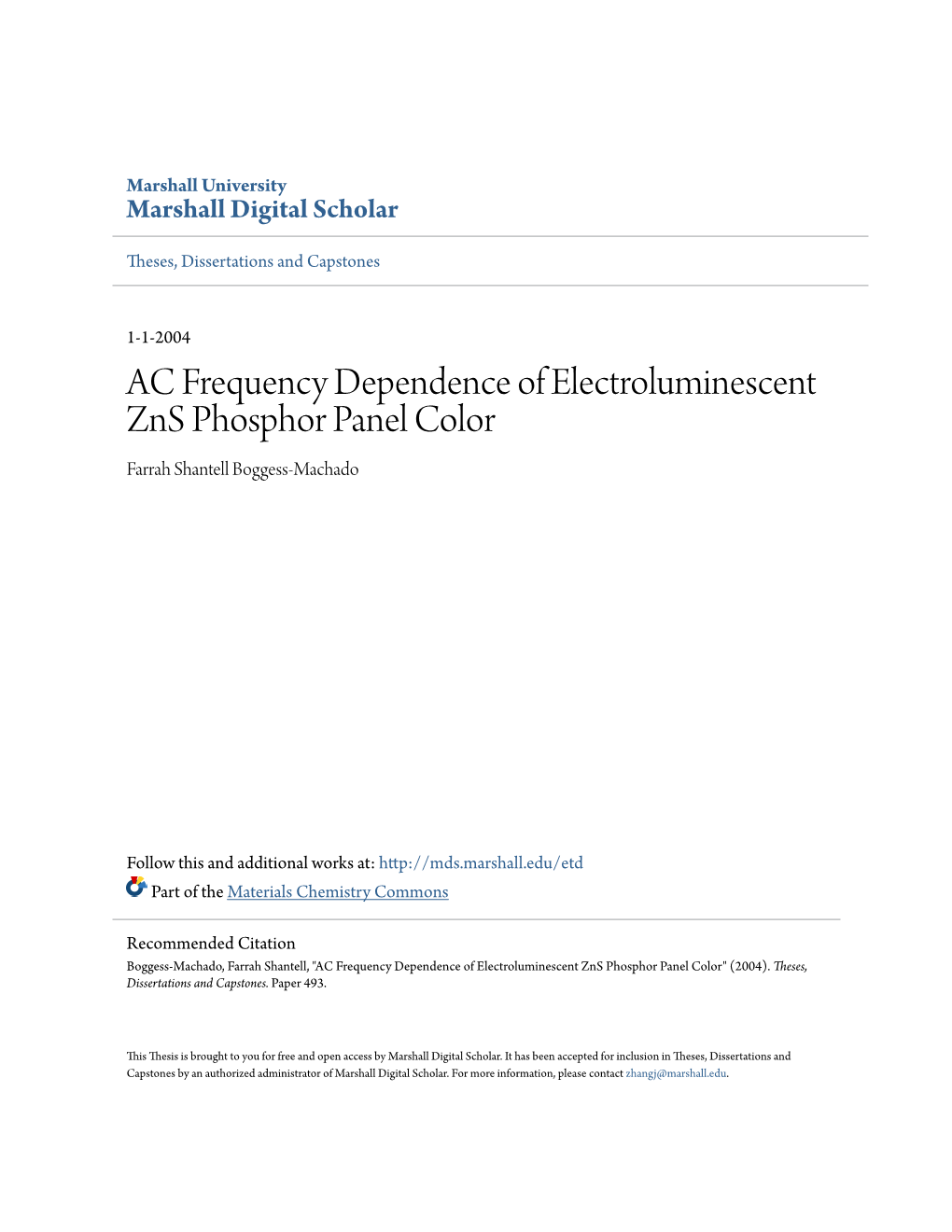 AC Frequency Dependence of Electroluminescent Zns Phosphor Panel Color Farrah Shantell Boggess-Machado