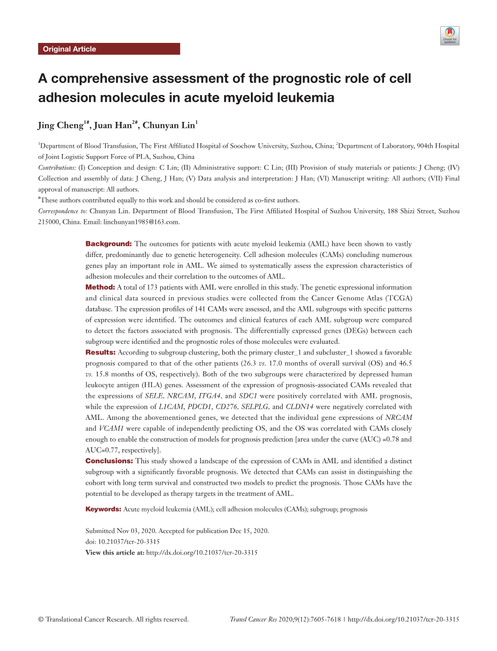 A Comprehensive Assessment of the Prognostic Role of Cell Adhesion Molecules in Acute Myeloid Leukemia
