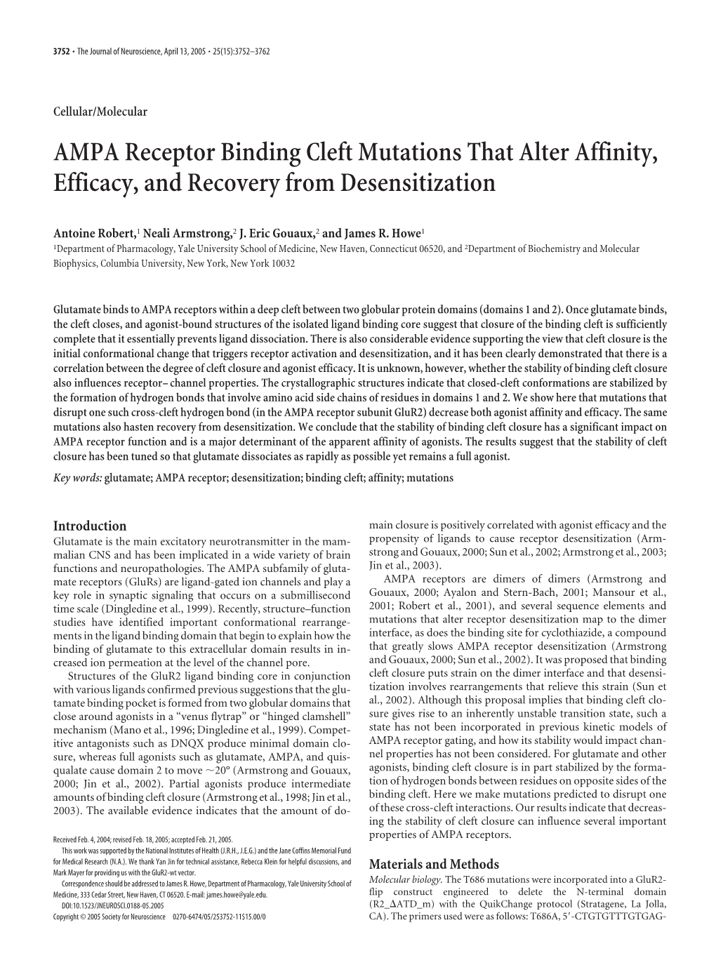 AMPA Receptor Binding Cleft Mutations That Alter Affinity, Efficacy, and Recovery from Desensitization