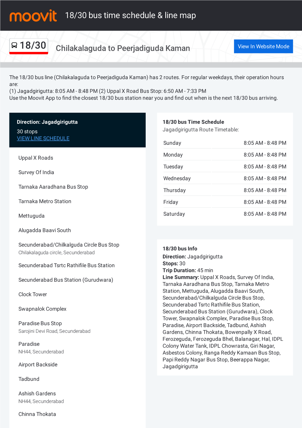 18/30 Bus Time Schedule & Line Route