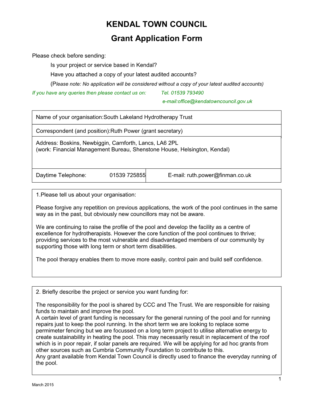 KENDAL TOWN COUNCIL Grant Application Form