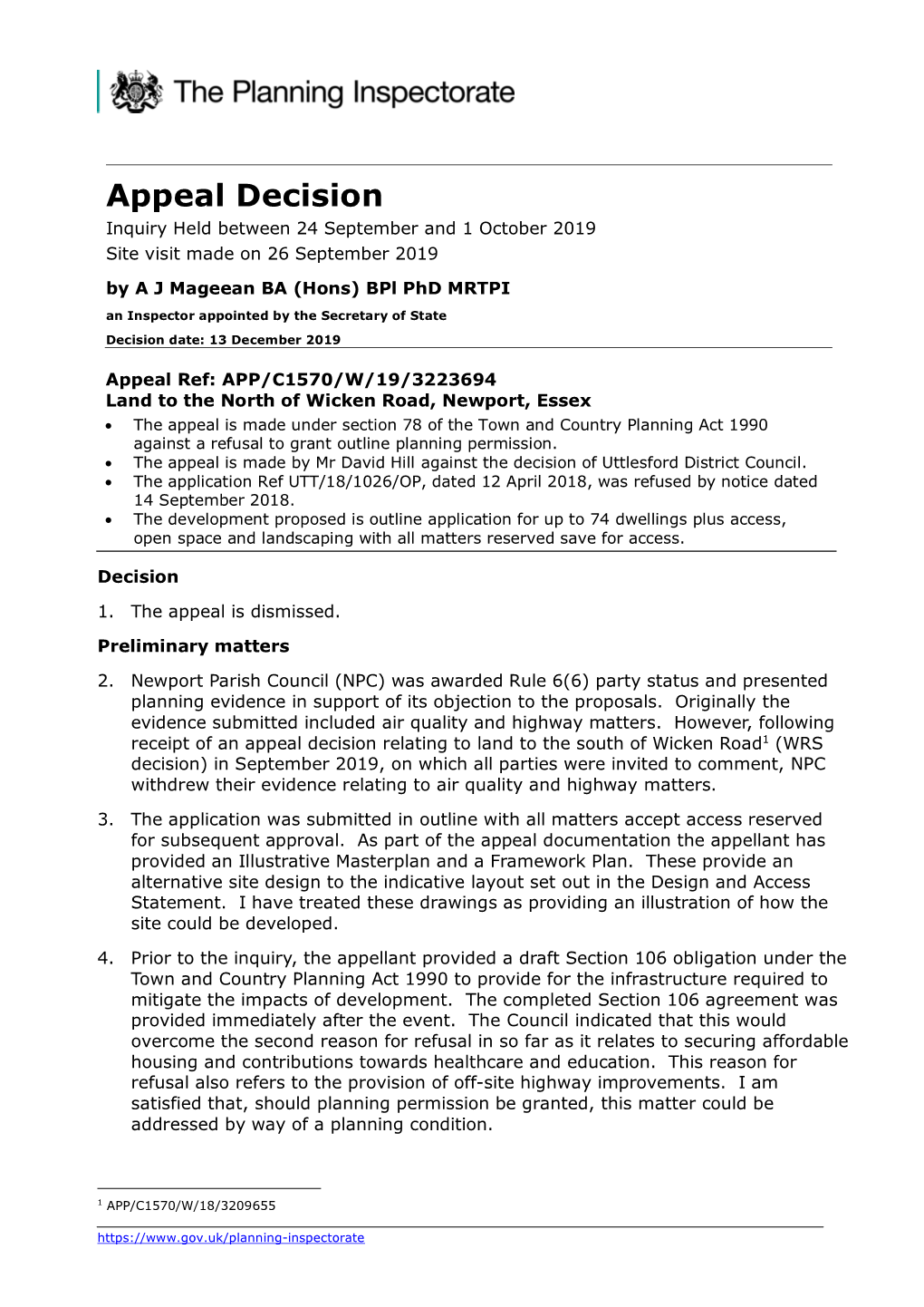 Appeal Decision Inquiry Held Between 24 September and 1 October 2019 Site Visit Made on 26 September 2019