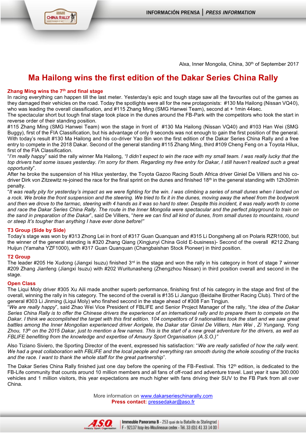 Ma Hailong Wins the First Edition of the Dakar Series China Rally