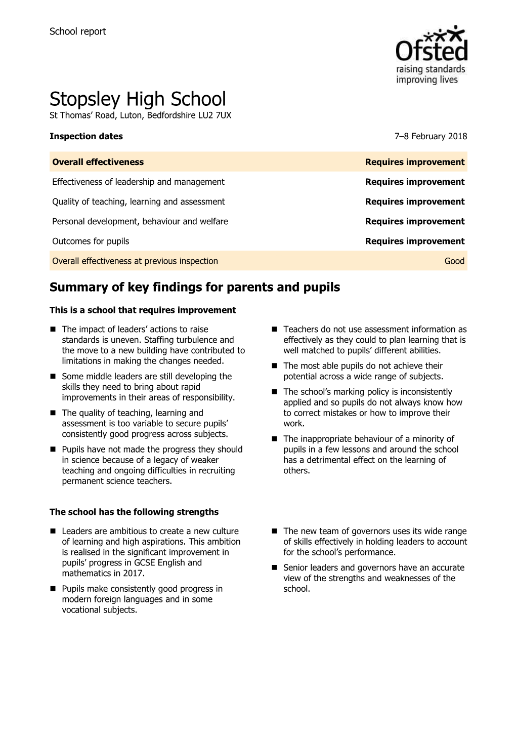 Stopsley High School Ofsted Report February 2018