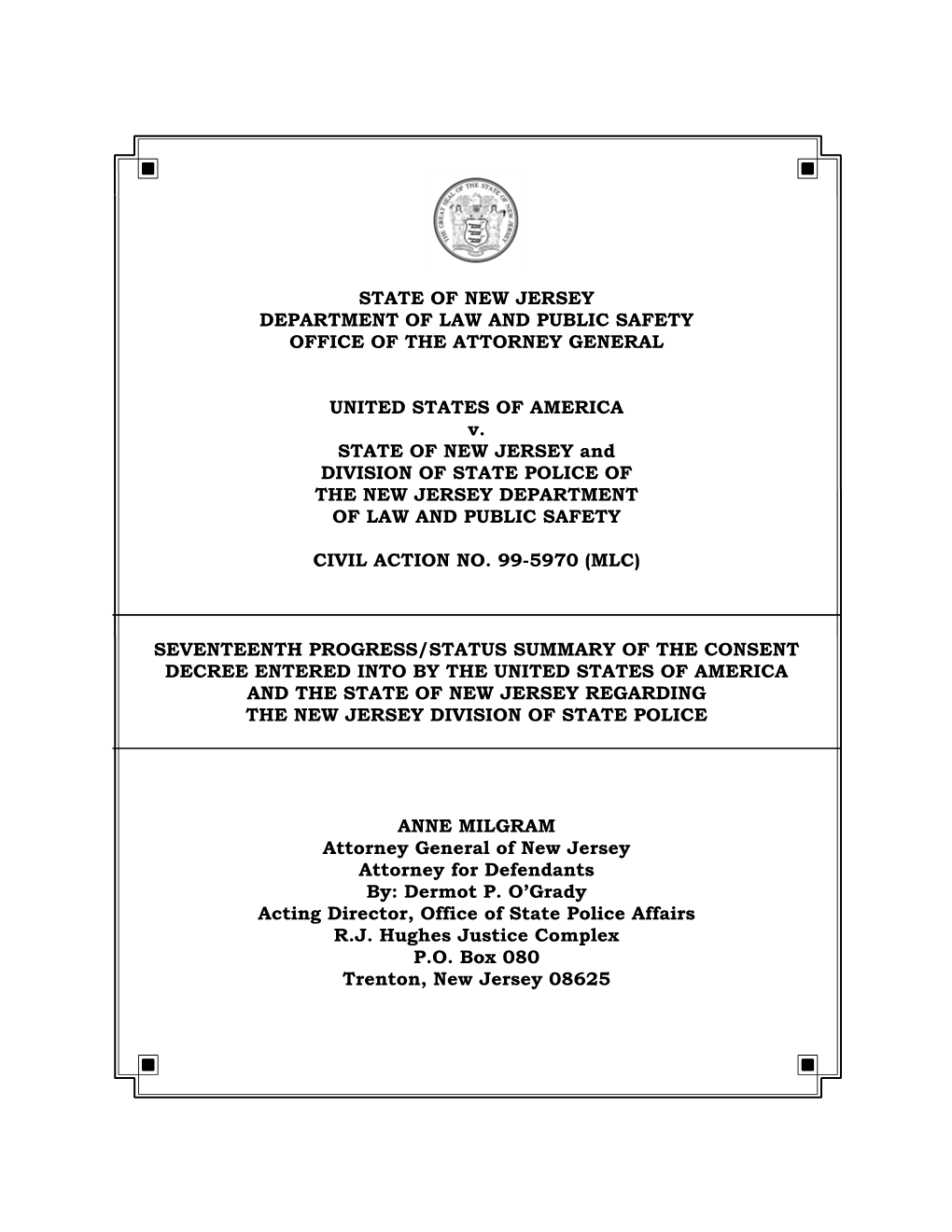 State of New Jersey Department of Law and Public Safety Office of the Attorney General