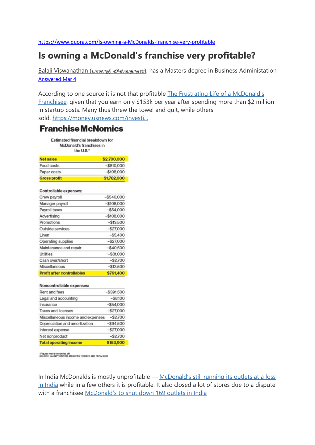 Is Owning a Mcdonald's Franchise Very Profitable?