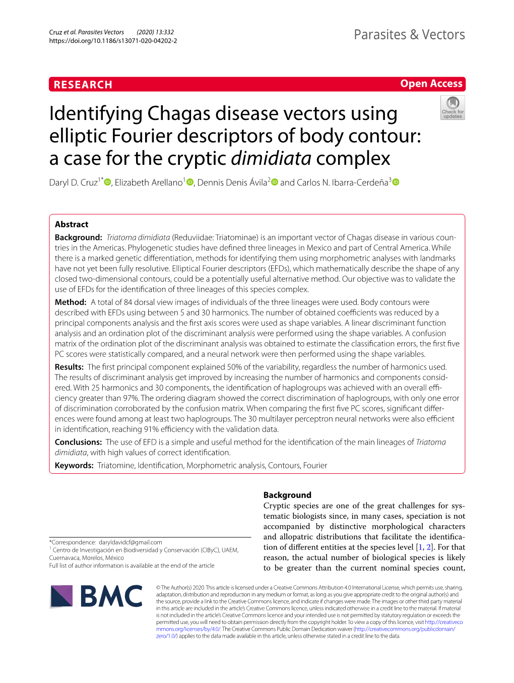 Identifying Chagas Disease Vectors Using Elliptic Fourier Descriptors of Body Contour: a Case for the Cryptic Dimidiata Complex Daryl D