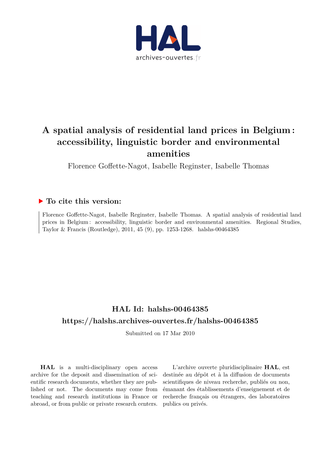 A Spatial Analysis of Residential Land Prices in Belgium