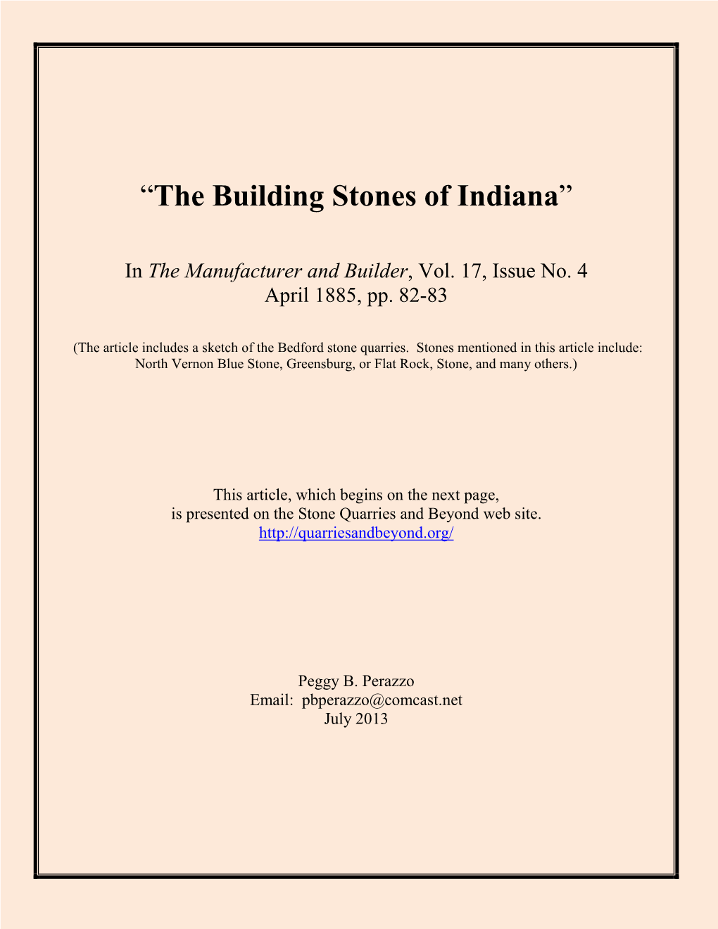 The Building Stones of Indiana” (April 1885)