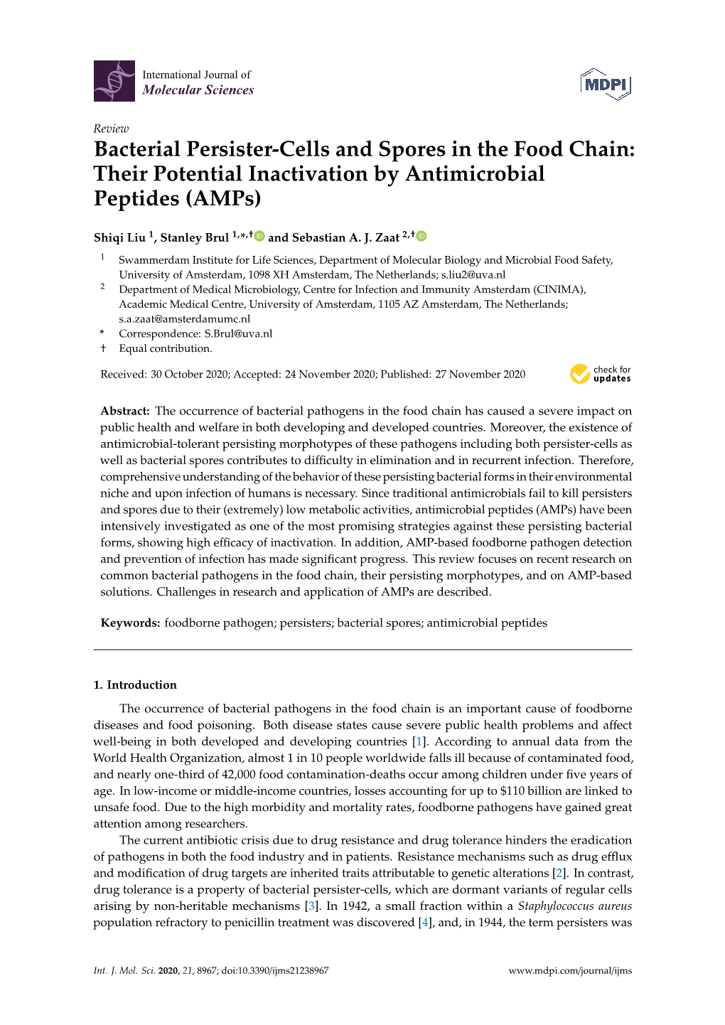 Bacterial Persister-Cells and Spores in the Food Chain: Their Potential Inactivation by Antimicrobial Peptides (Amps)