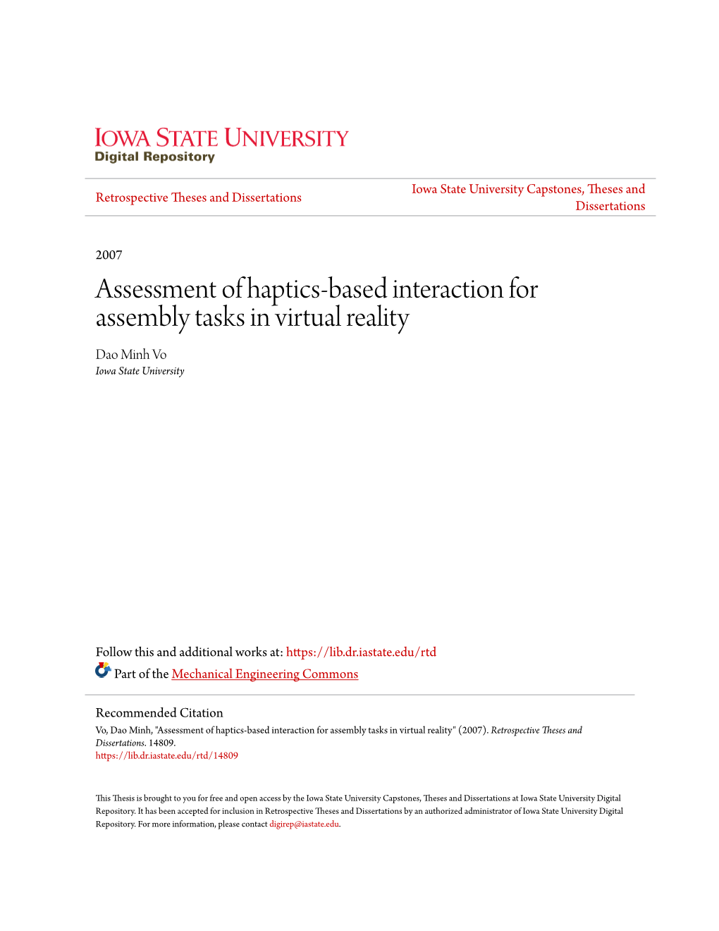 Assessment of Haptics-Based Interaction for Assembly Tasks in Virtual Reality Dao Minh Vo Iowa State University