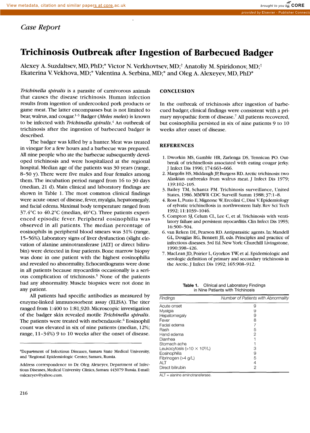 Trichinosis Outbreak After Ingestion of Barbecued Badger Alexey A