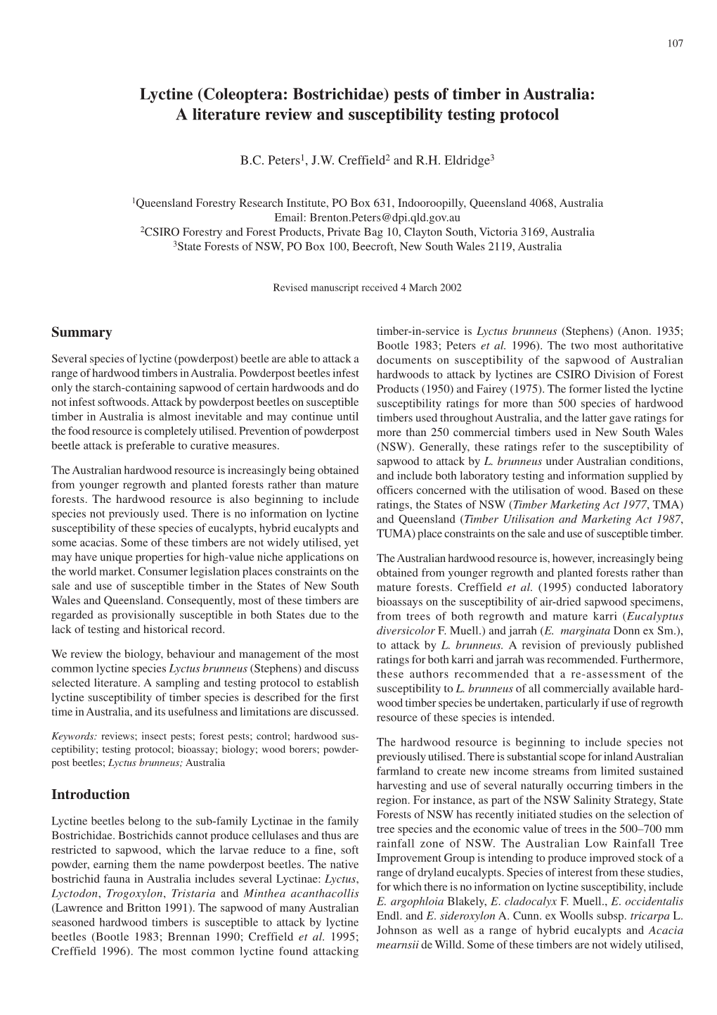 Lyctine (Coleoptera: Bostrichidae) Pests of Timber in Australia: a Literature Review and Susceptibility Testing Protocol