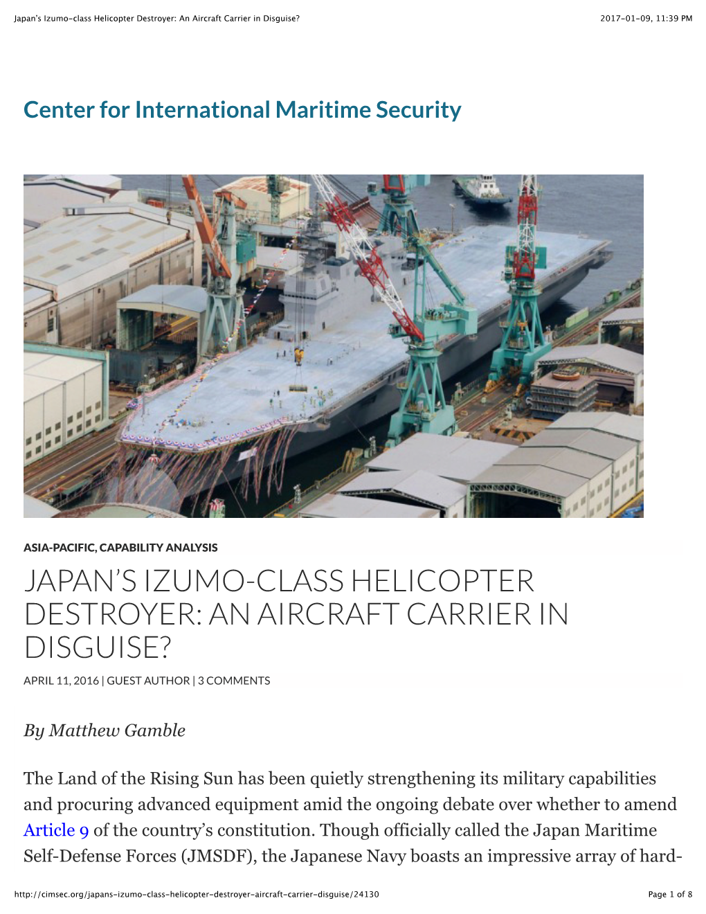 Japan's Izumo-Class Helicopter Destroyer: an Aircraft Carrier In