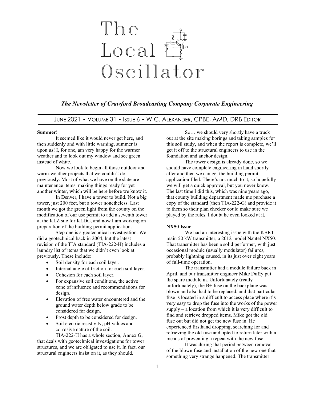 The Newsletter of Crawford Broadcasting Company Corporate Engineering