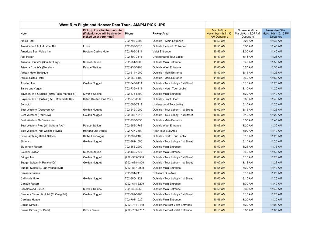 West Rim Flight and Hoover Dam Tour Pickup List