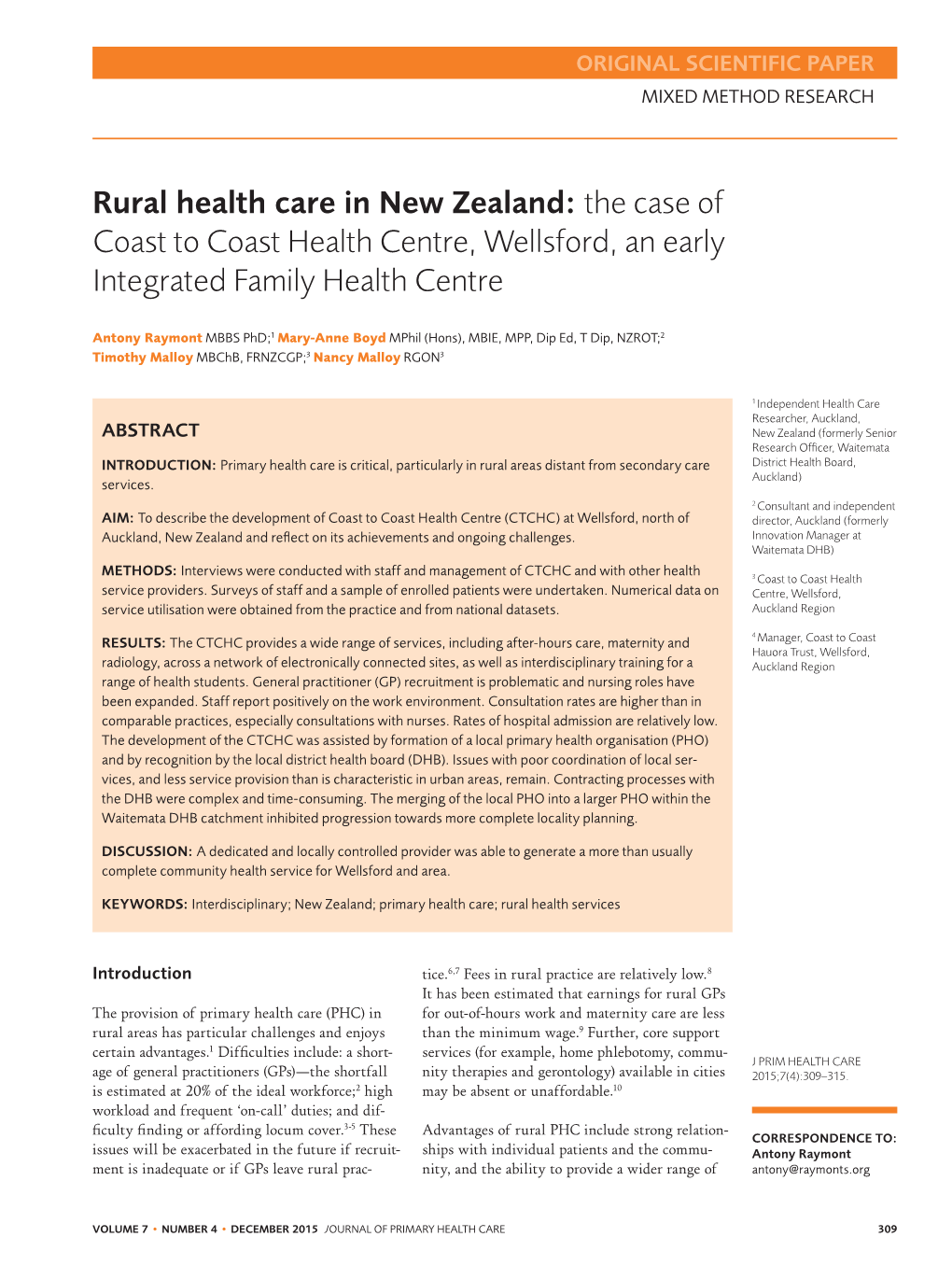 Rural Health Care in New Zealand: the Case of Coast to Coast Health Centre, Wellsford, an Early Integrated Family Health Centre