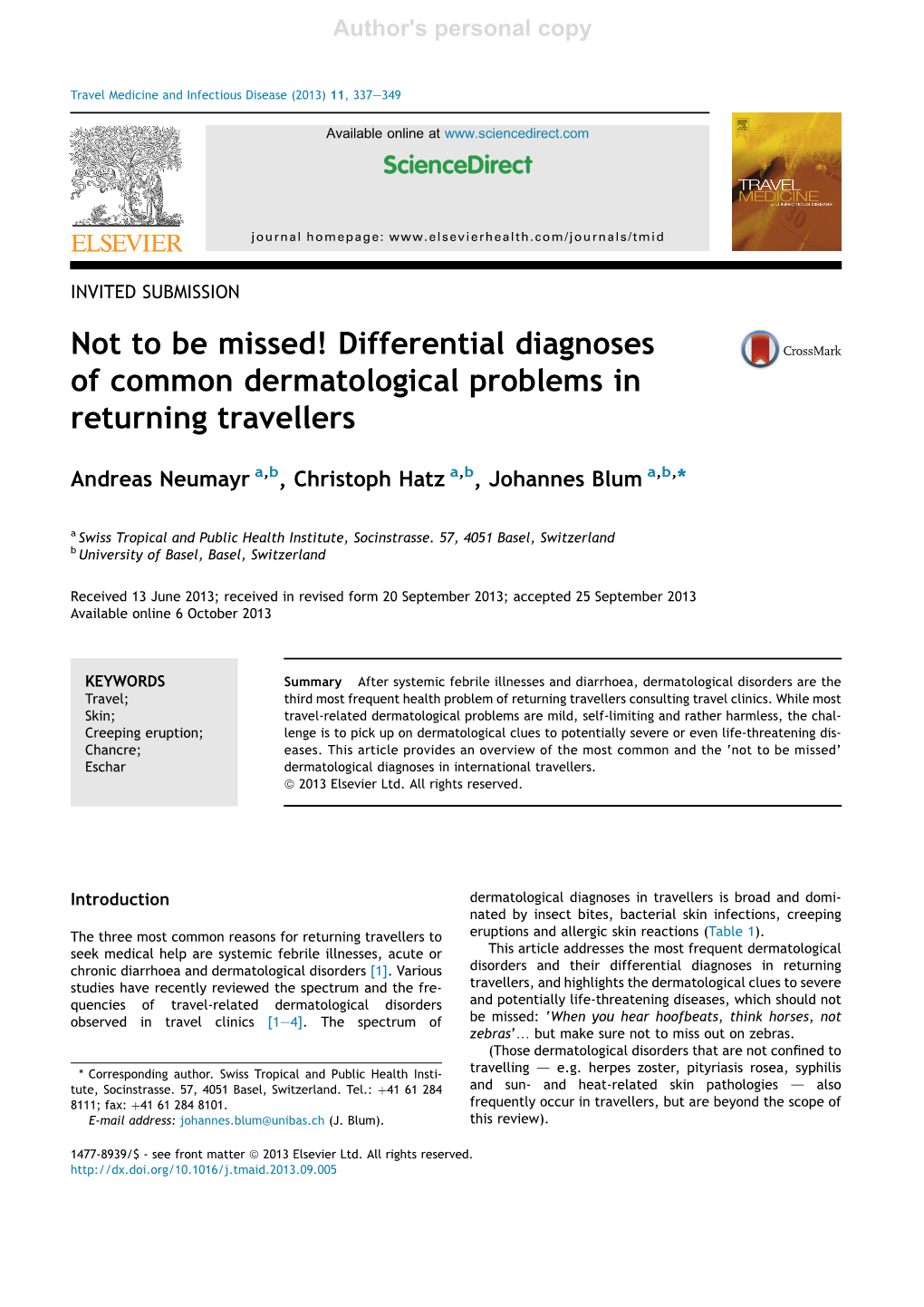 Not to Be Missed! Differential Diagnoses of Common Dermatological Problems in Returning Travellers