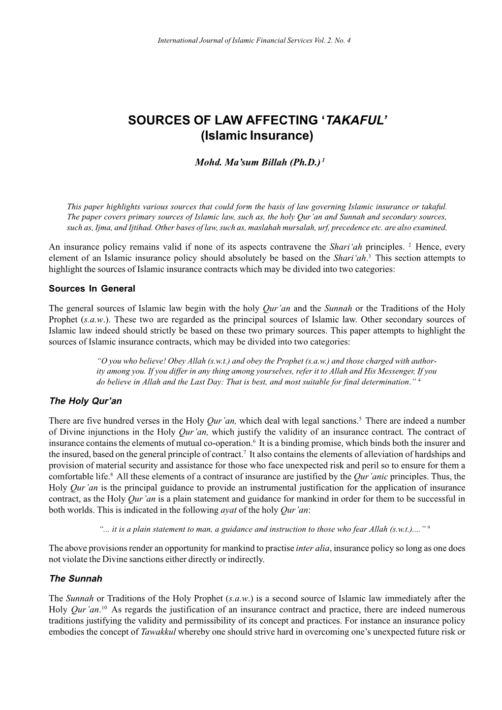 SOURCES of LAW AFFECTING 'TAKAFUL' (Islamic Insurance)