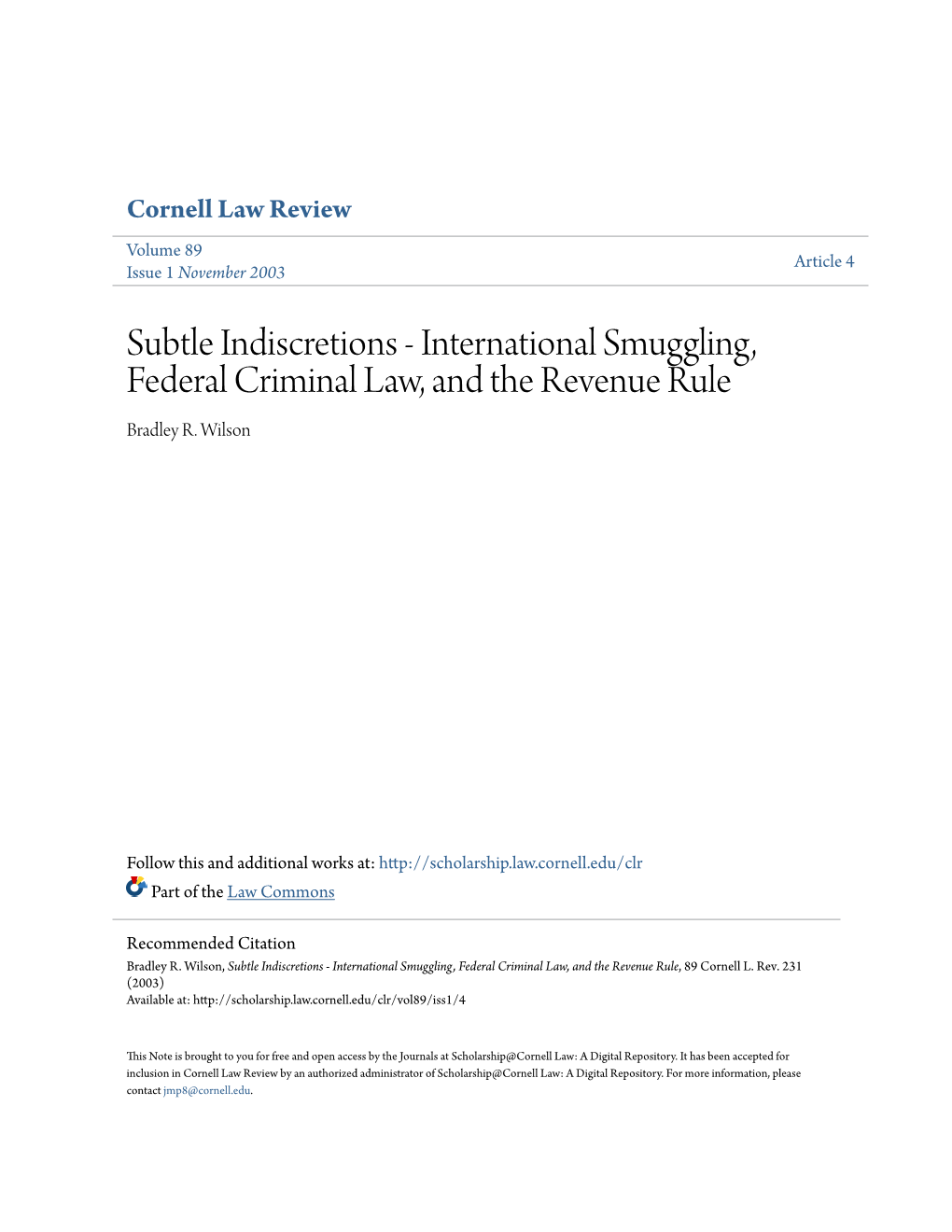 International Smuggling, Federal Criminal Law, and the Revenue Rule Bradley R