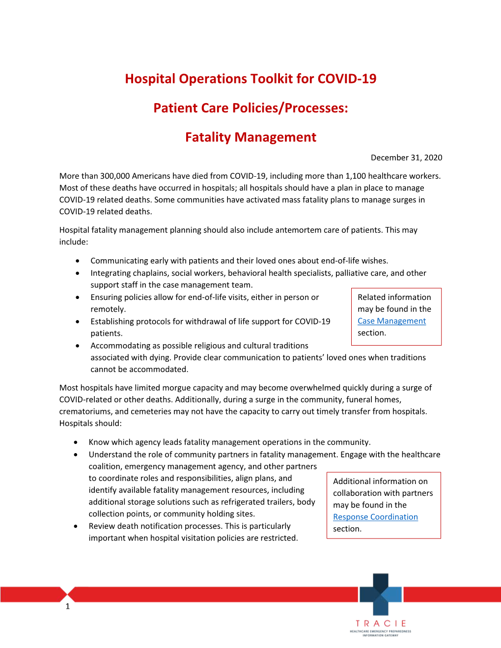 Hospital Operations Toolkit for COVID-19-Patient Care Policies/Processes: Fatality Management