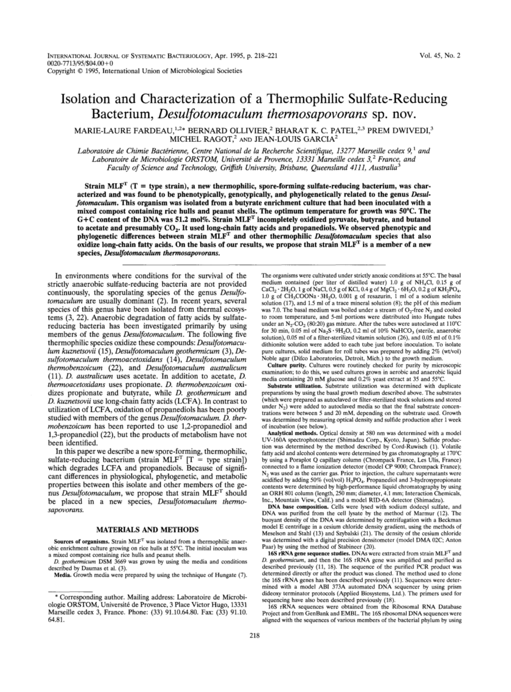 Isolation and Characterization of a Thermophilic Sulfate-Reducing Bacterium, Desulfotomaculum Thermosapovorans Sp