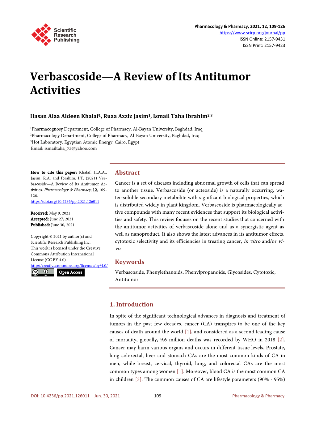 Verbascoside—A Review of Its Antitumor Activities