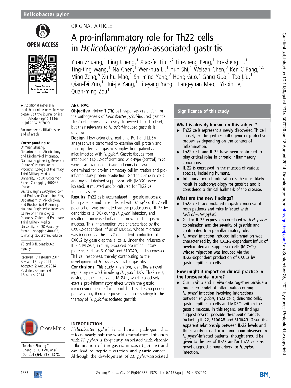 A Pro-Inflammatory Role for Th22 Cells in Helicobacter Pylori-Associated