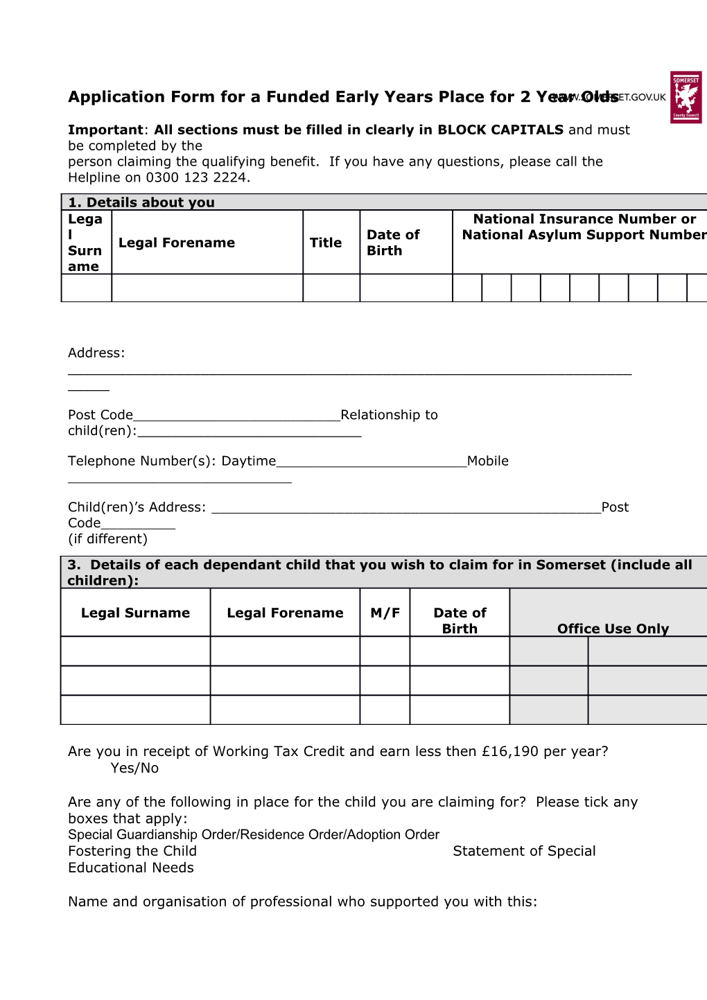 Application Form for Free School Meals