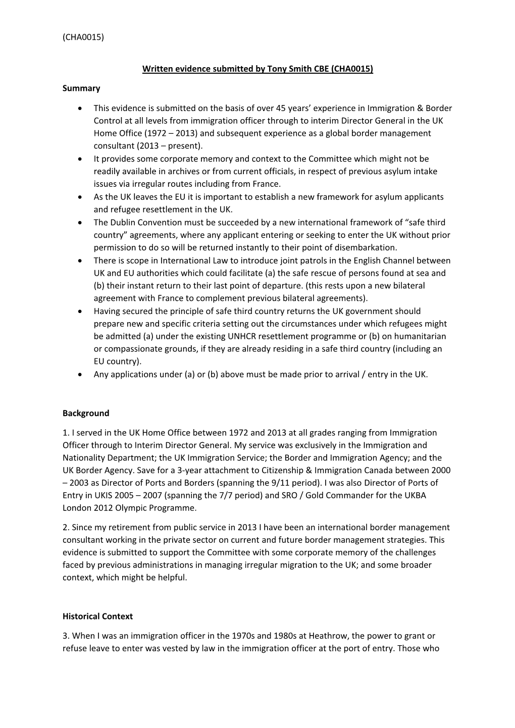 Written Evidence Submitted by Tony Smith CBE (CHA0015)