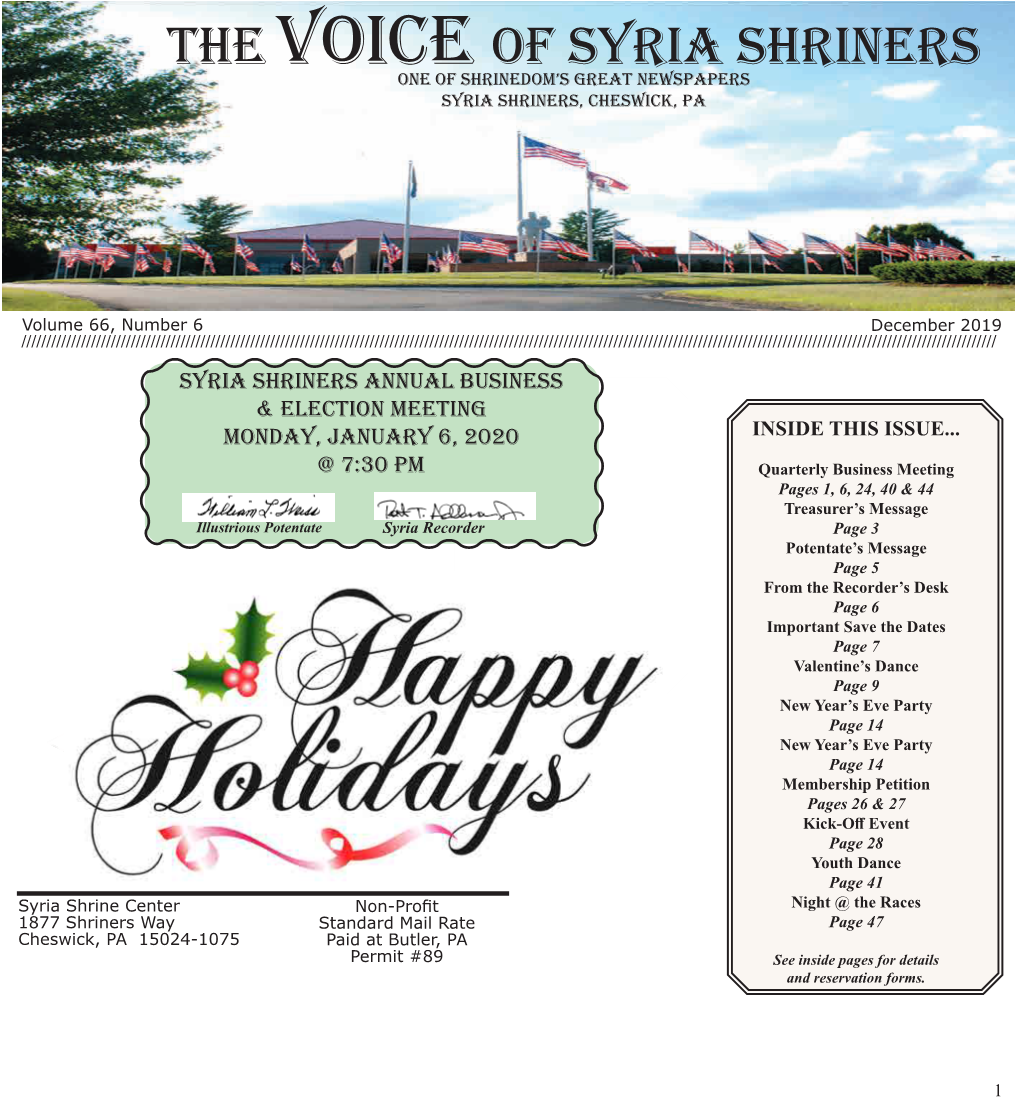 The Voice of Syria Shriners One of Shrinedom’S Great Newspapers Syria Shriners, Cheswick, Pa