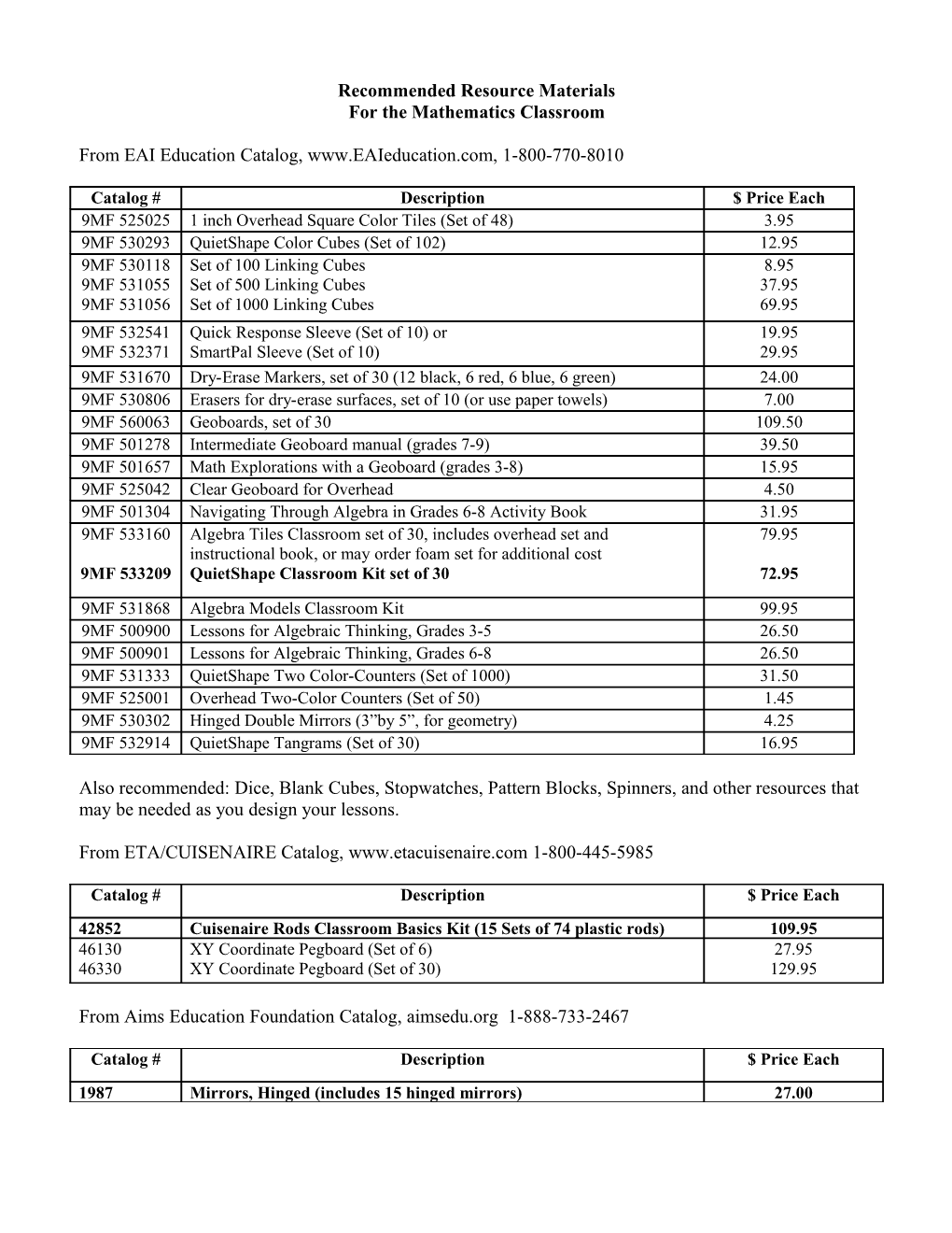 Algebra Institute Recommended Resource Materials