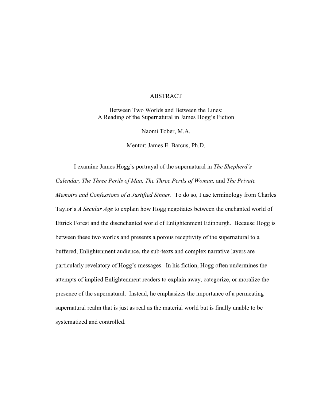 A Reading of the Supernatural in James Hogg's Fiction Naomi Tober