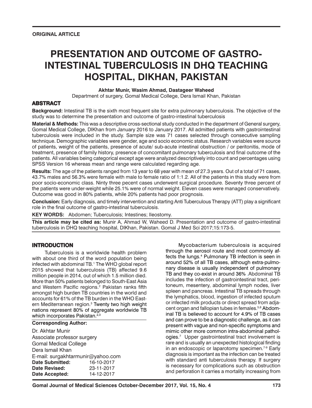 Intestinal Tuberculosis in Dhq Teaching Hospital, Dikhan, Pakistan