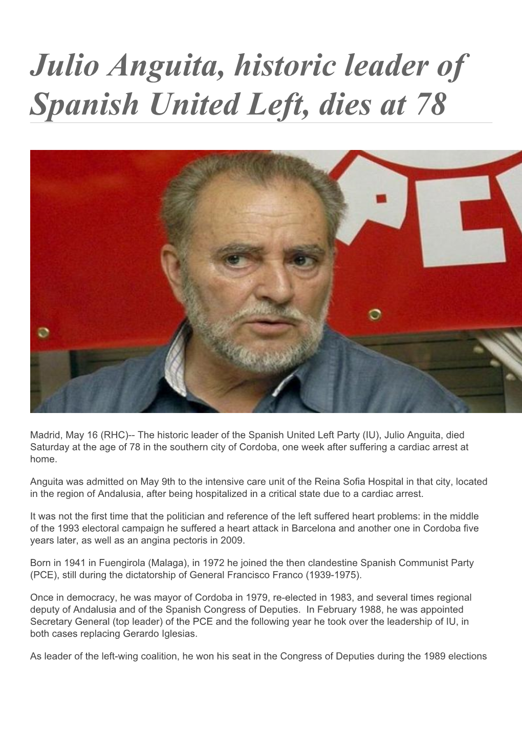Julio Anguita, Historic Leader of Spanish United Left, Dies at 78