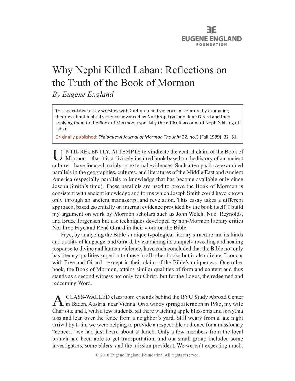 Why Nephi Killed Laban: Reflections on the Truth of the Book of Mormon