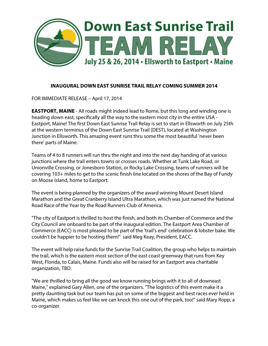 Inaugural Down East Sunrise Trail Relay Coming Summer 2014