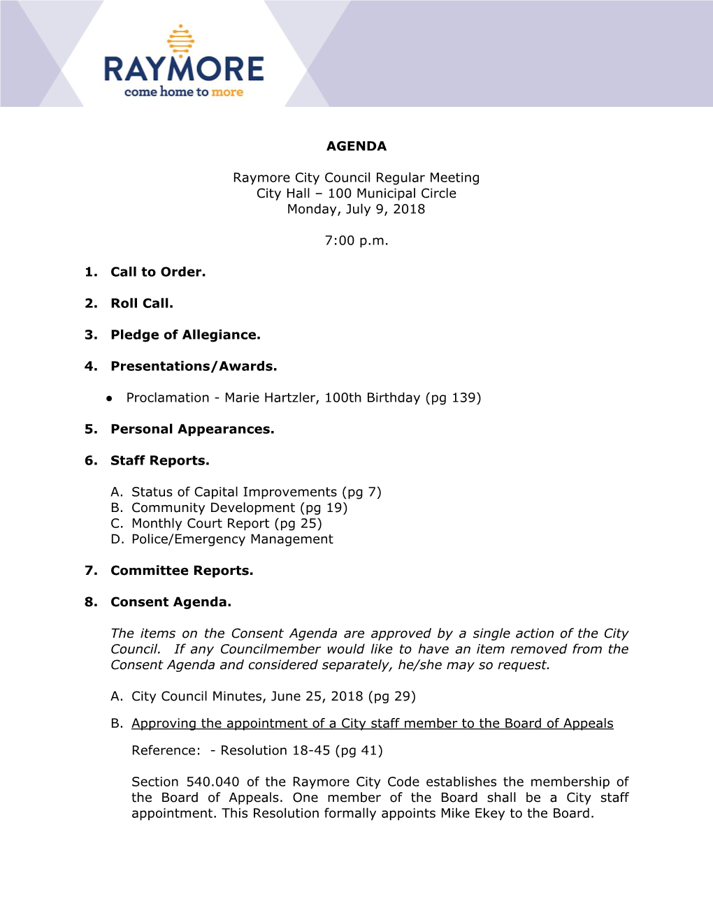 AGENDA Raymore City Council Regular Meeting City Hall