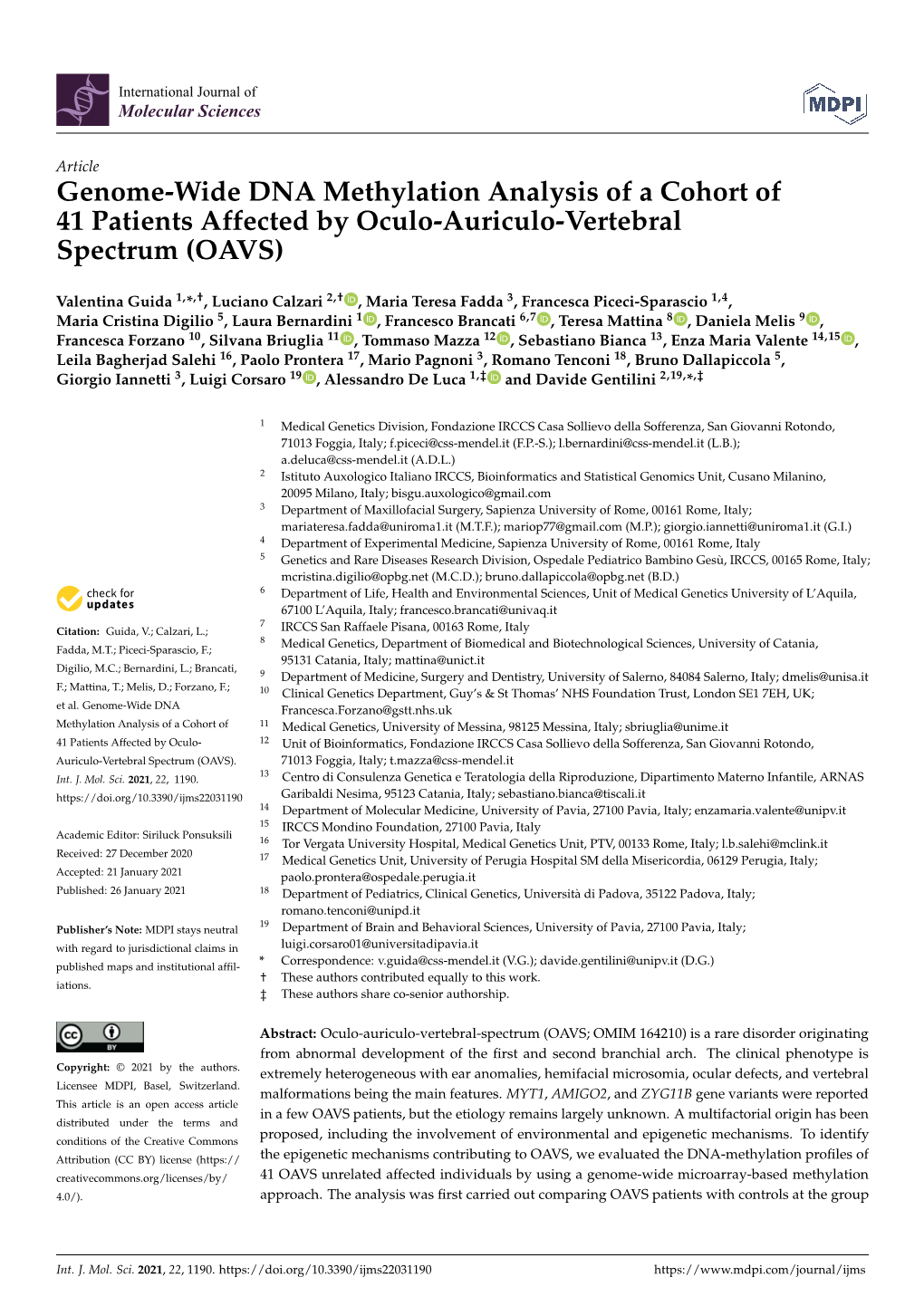 Genome-Wide DNA Methylation Analysis of a Cohort of 41 Patients Affected by Oculo-Auriculo-Vertebral Spectrum (OAVS)