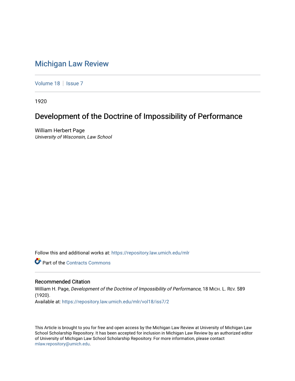 Development of the Doctrine of Impossibility of Performance