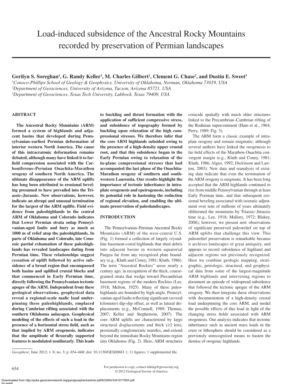 Load-Induced Subsidence of the Ancestral Rocky Mountains Recorded by Preservation of Permian Landscapes