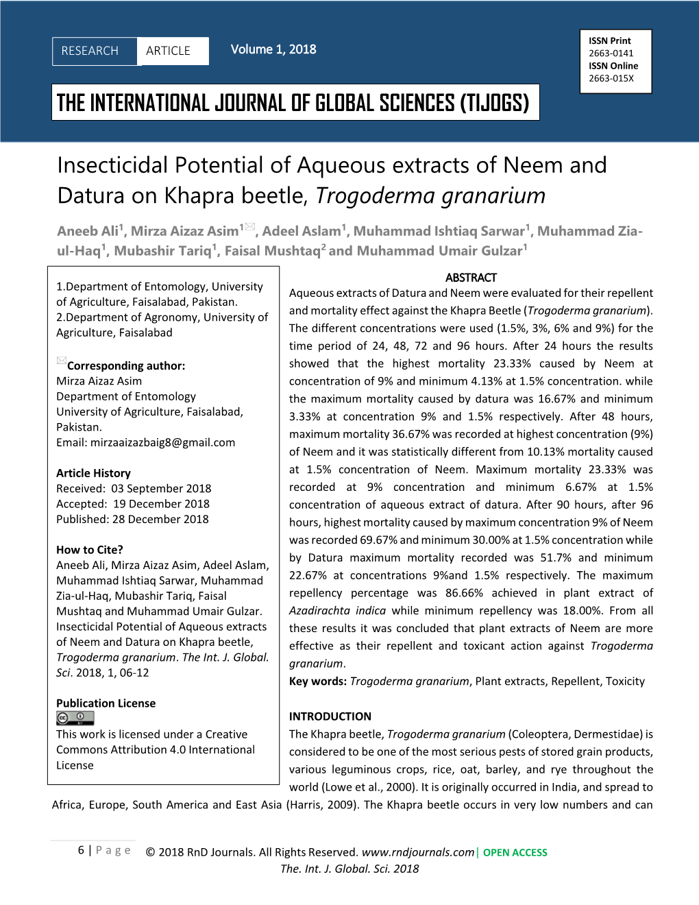 Insecticidal Potential of Aqueous Extracts of Neem and Datura on Khapra Beetle, Trogoderma Granarium