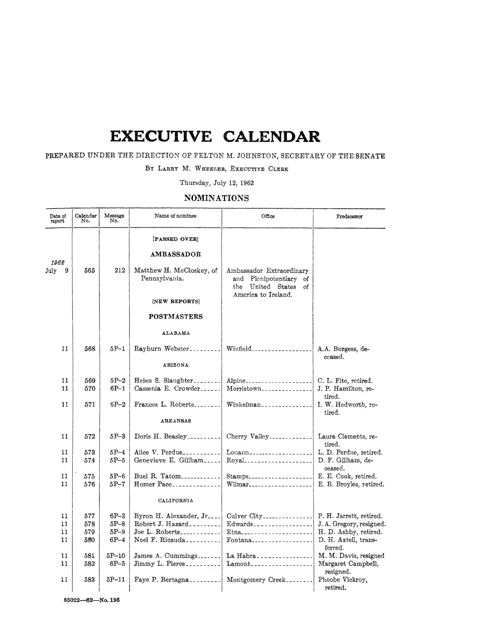 Executive Calendar Prepared Under the Direction of Felton M
